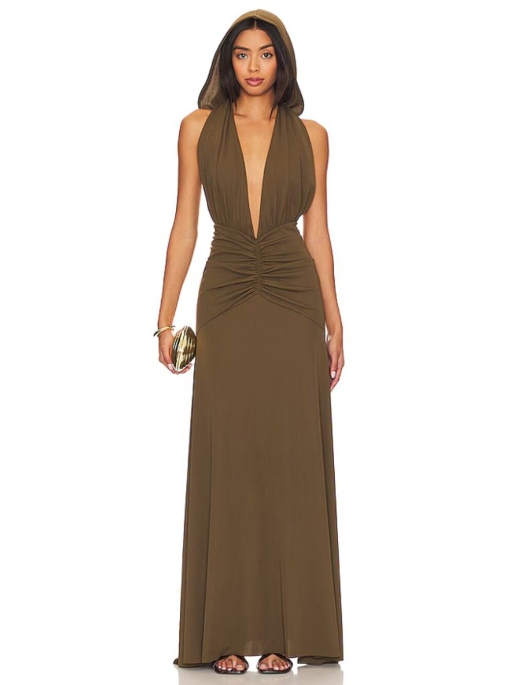 Ronny Kobo Hunter V-Neck Ruched Hooded Dress Fern Green Backless Party Size XS